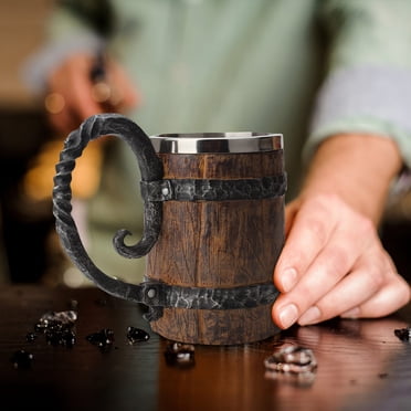 Herunwer Tasse à Bière en Forme de Tonneau en Bois Faite à la Main en Verre avec Poignée en Acier Inoxydable à Double Paroi Gobelet à Cocktail pour Bar