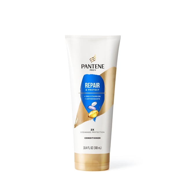 Pantene PRO-V Repair & Protect Conditioner in a white and gold 10.4 fl oz (308 mL) tube with a blue label highlighting Pro-Vitamin B5 and antioxidants, formulated for 2x breakage protection to repair and protect damaged hair while nourishing each strand.