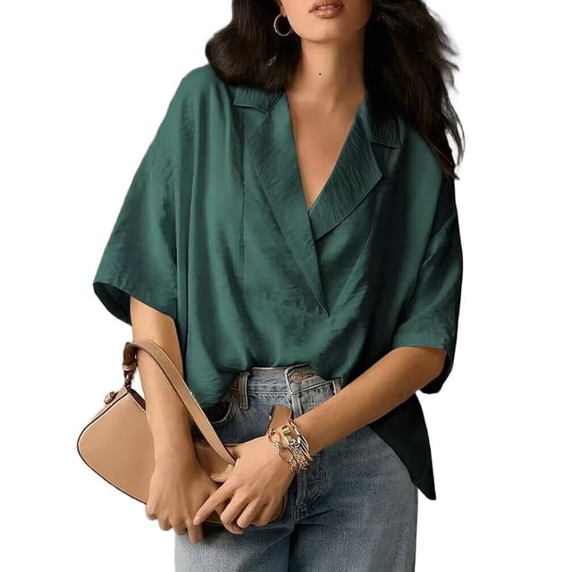 Blouse Décontractée Habillée pour Femmes Manches Courtes Col en V Chemise de Travail Verte P