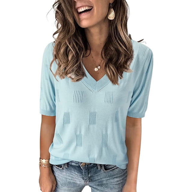 Arach&Cloz Women's V-Neck Short Sleeve Special Rib Knitted Pattern Casual Tops Sweater Spring Summer 2025