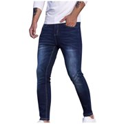 Penkiiy Men's Blue Slim Fit Jeans Stretch Destroyed Ripped Skinny Jeans Side Striped Denim Pants M Blue