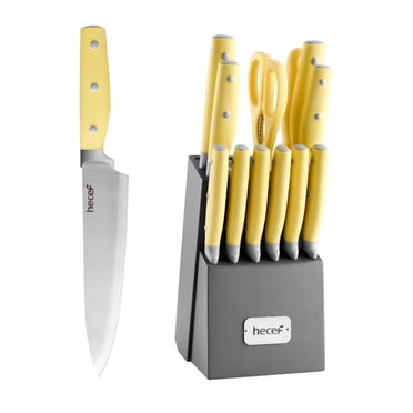 Hecef 14 Piece Knife Set with Block, Sharpening Steel, Stainless Steel Cutlery Set