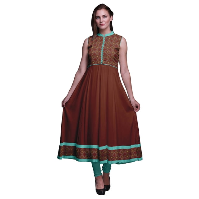 Bimba Robe Anarkali Damassé Rouge Brique pour Femmes Kurti Imprimé Ethnique Indien Longue Kurta Robe de Soirée XX-Grand