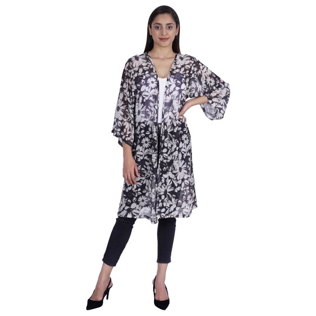 Moomaya Long Sheer Shrug Printed Open Front Beach Coverup Summer Cardigan