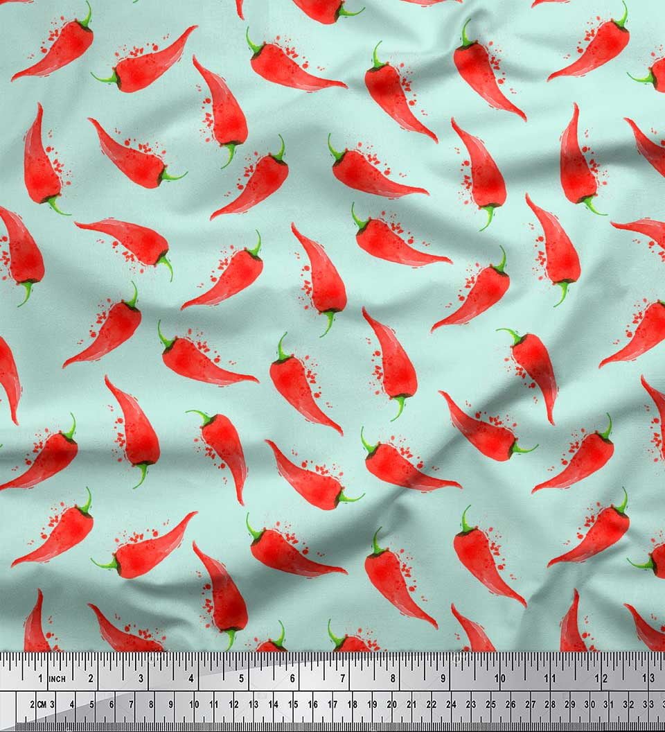 Soimoi Green Silk Fabric Chilli Vegetable Print Fabric by the Yard 44 Inch Wide