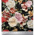 thumbnail image 1 of Soimoi Tissu en Poly Georgette Noir Imprimé Feuilles & Roses au Mètre 52 Pouces de Large, 1 of 3