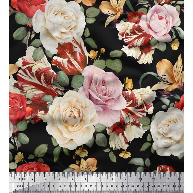 Soimoi Tissu en Poly Georgette Noir Imprimé Feuilles & Roses au Mètre 52 Pouces de Large