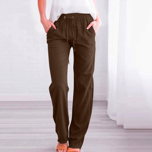 HOWPAY Linen Pants for Women Casual Relaxed Fit Straight Leg High Waist Elastic Trousers with Pockets Solid Color Summer Comfy Lounge Pant Brown XXL