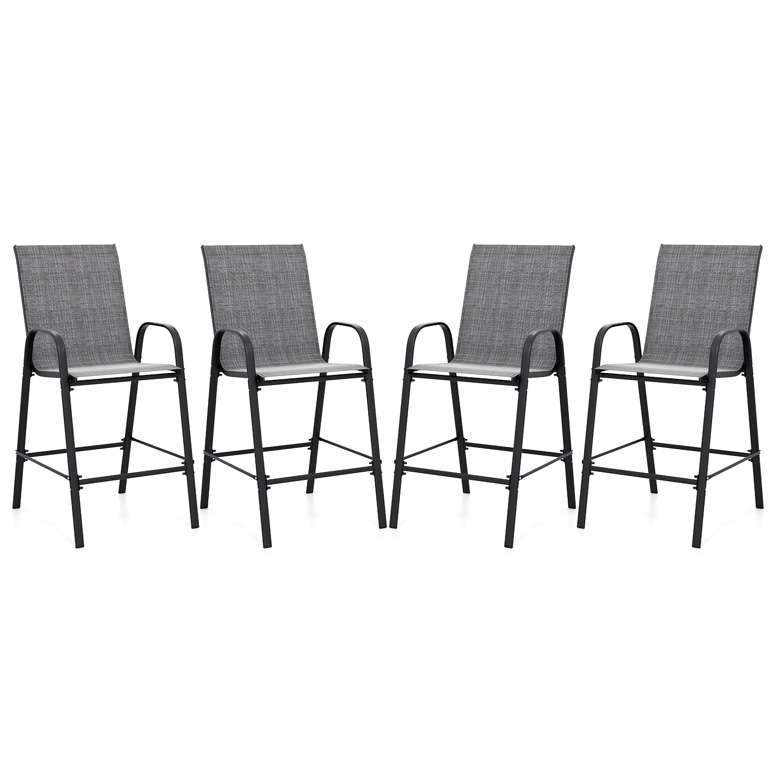 Gymax 4PCS Outdoor Bar Stools 29'' Fabric Bar Height Stools w/ Armrests & Footrest Gray