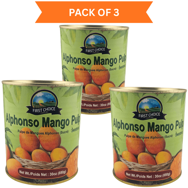 First Choice Foods Alphonso Mango Pulp 850g, Pack of 3. The image features three cans of sweetened Alphonso mango pulp with a smooth, seedless texture and no artificial colors or preservatives. Each can is labeled with the First Choice Foods logo and showcases vibrant mango illustrations. Perfect for mango lassi, smoothies, desserts, or as a topping for yogurt and pancakes. Each can contains 850g (30oz) of mango pulp, providing multiple servings.