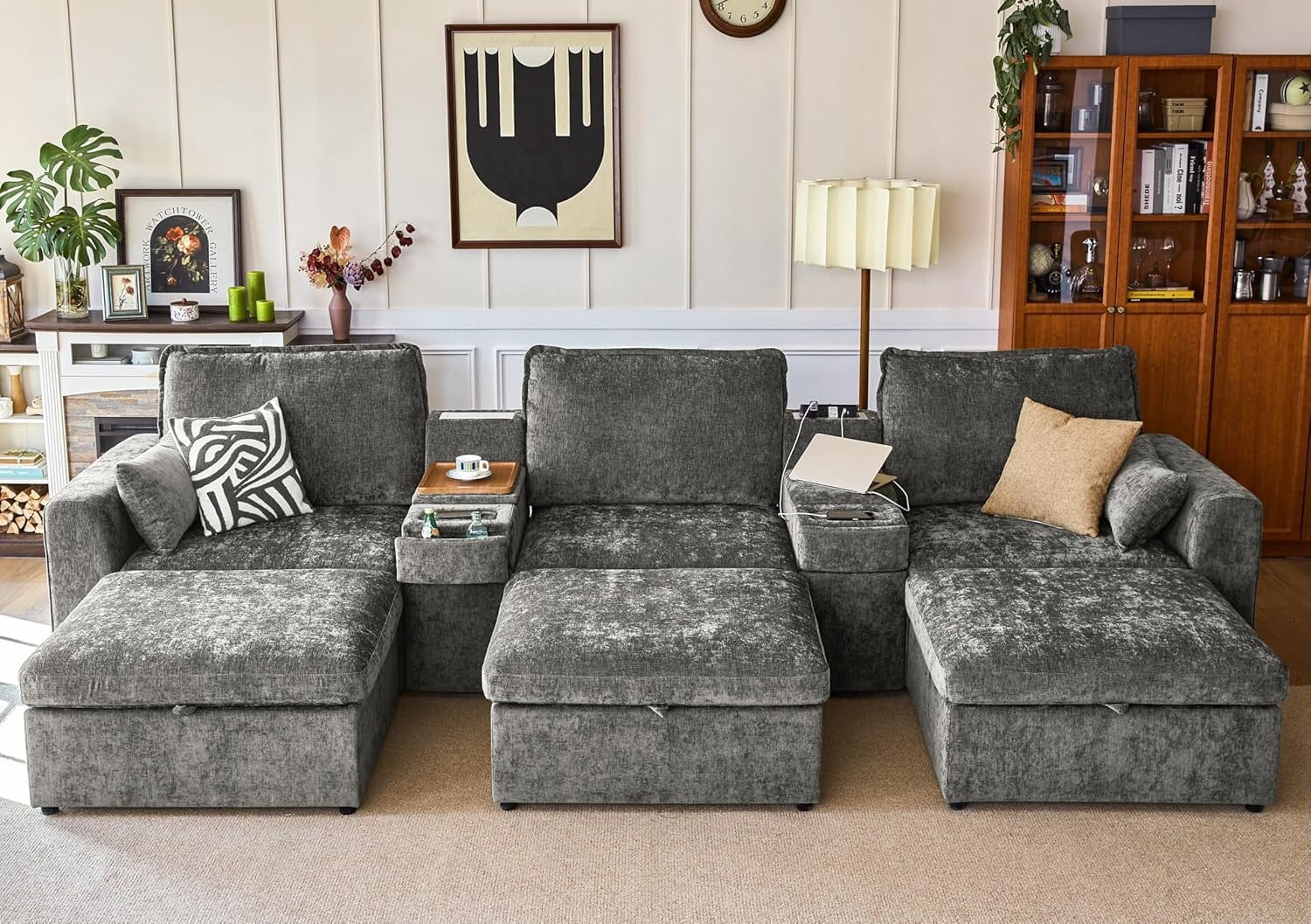 BEDEEP Canapé Sectionnel Modulaire de 152,4 Po avec Console et Station de Recharge, Canapé Nuage en Chenille en Forme de U avec Pouf de Rangement, Canapé Profond Convertible 6 Places avec Méridienne pour Salon, Gris