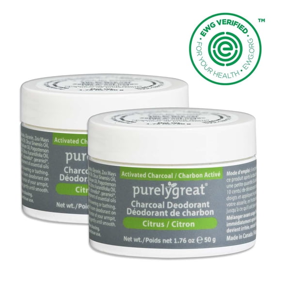 2 pack - Purelygreat Natural Deodorant Cream - Charcoal Citrus 50g Aluminum Free Vegan, Unisex, EWG Verified, Made in Canada
