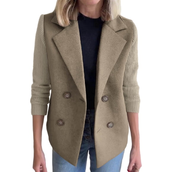 Ailaofu Women's Lapel Button Knitted Patchwork Sleeve Casual Coat Cropped, Cropped Double Breasted Coat Sweater Blazer