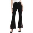 thumbnail image 1 of Womens Floral Daisy Embroidered Mid Rise Bell Bottom Flare Frayed Hem Jeans, 1 of 5