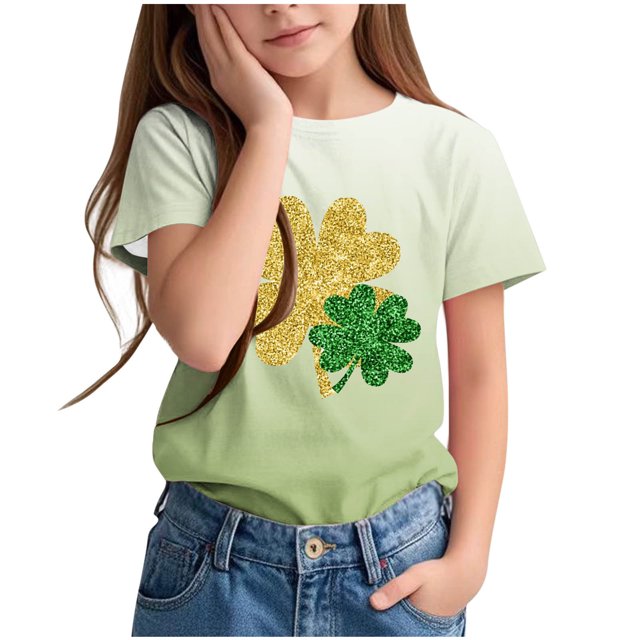 T-Shirt à Motif Imprimé pour Enfants à Manches Courtes Moitié-Moitié Col Rond Haut Décontracté Polyvalent à Manches Moitié-Moitié Fête de la Saint-Patrick