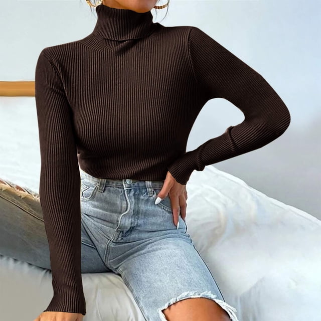 Aqestyerly Chandails à Col Montant pour Femmes Mode Femmes Uni Manches Longues Chandail Col Roulé Décontracté Hauts HWRETIE