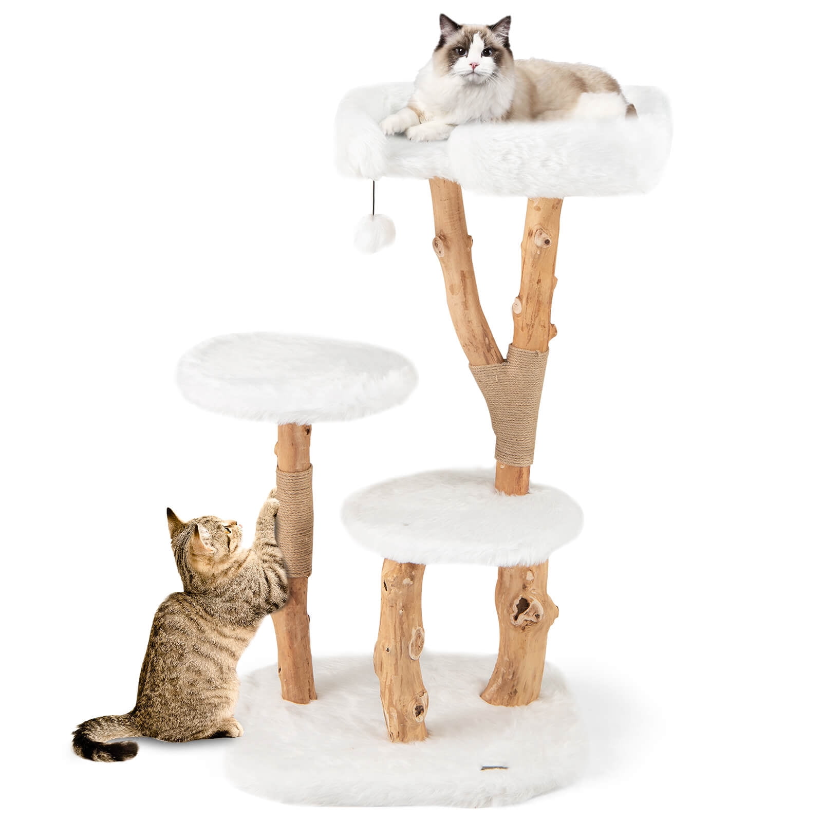 Costway Solid Wood Cat Tree with Perch Natural Jute Scratching Posts Dangling Ball