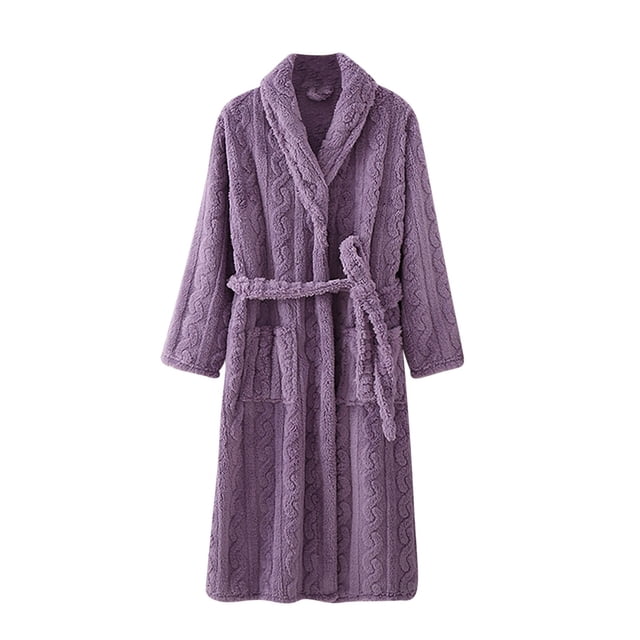 Timegard Bathrobe for Women Fuzzy Button down V Neck Robe Fleece Warm Long Sleeve Pajamas with Pockets. A front-facing view of a purple fleece bathrobe with a textured pattern, long sleeves, a V-neckline, and a matching belt. The robe includes two front pockets and is designed for comfort and warmth, ideal for lounging, sleeping, or spa use.