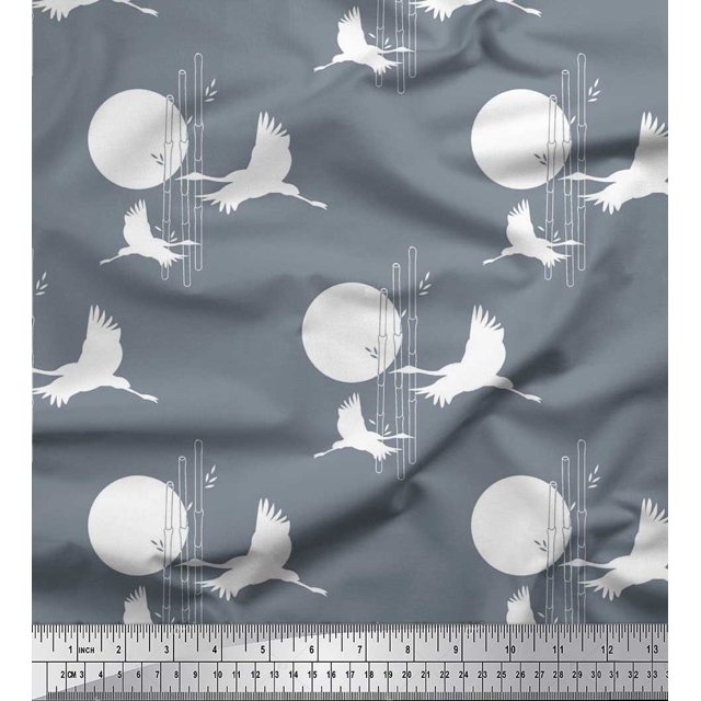 Soimoi Rayon Fabric Bamboo Tree,Moon & Stork Bird Print Fabric by The Yard 56 Inch Wide