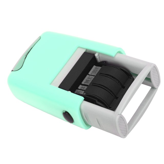 English Date Stamp Clear Quick Drying Adjustable Date Stamp for Study Work Life. This compact stamp features a mint green ABS plastic body with a grey adjustable date mechanism. The stamping size is approximately 25x2.8mm (0.98x0.11in), providing clear and smudge-free impressions. Ideal for scrapbooking, paper crafts, and professional document marking.
