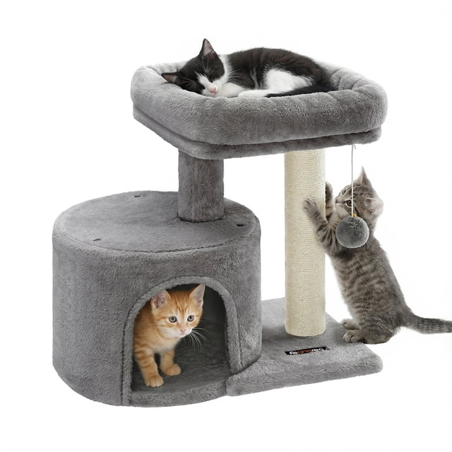 FEANDREA Cat Tree Tower with Sisal-Covered Scratching Posts, Light Grey