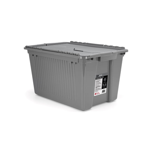 Tuff StoreTM 45 L (11,9 gal US), Bac de Rangement à Couvercle Rabattable - Bac de Rangement Gris Anthracite avec Couvercle à Charnière à Rabat Qui Se Bloque Solidement, Fabriqué en Polypropylène durable avec Nervures Verticales sur les Côtés, Conçu pour un Rangement Empilable et Emboîtable, Idéal pour l'Organisation à la Maison et au Bureau, Convient Aussi au Rangement de Dossiers avec Rainures Intégrées pour Tringles à Dossiers.