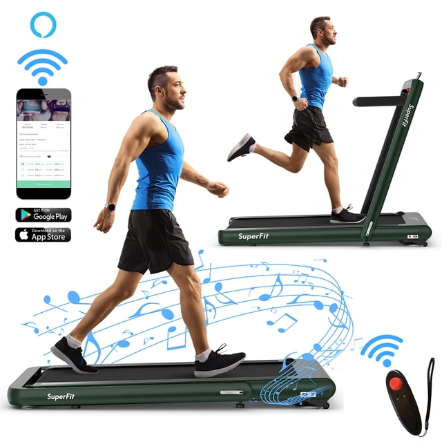 SuperFit 4.75HP 2 In 1 Folding Home Treadmill with Remote APP Control displayed in two modes: standard treadmill with risers raised and under-desk running machine. Features include a green steel frame, LED touch screen, Bluetooth connectivity, and remote control. Provides real-time data on speed, distance, and calories. Designed with a shockproof running belt for knee protection and built-in wheels for easy storage. Ideal for home fitness and compact spaces.