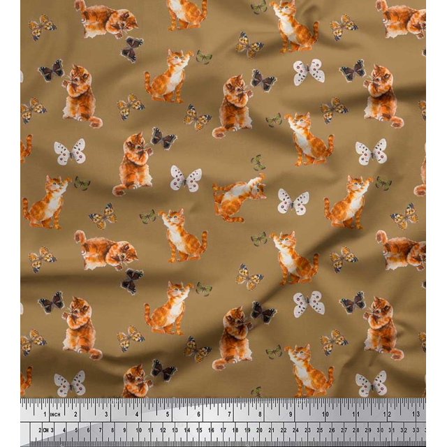 Soimoi Brown Moss Georgette Fabric Insect & Cat Animal Print Fabric by Yard 42 Inch Wide