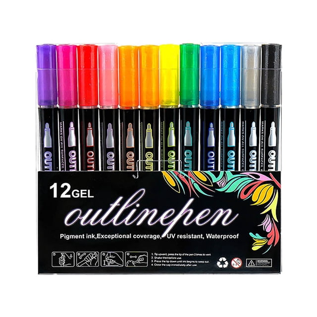 Fesfesfes Line Double Markers 8mm Precision Outline Pens DIY Drawing Kit with Glitter Gel Ink Blendable Colors for Birthday Greeting Card, Doodling B
