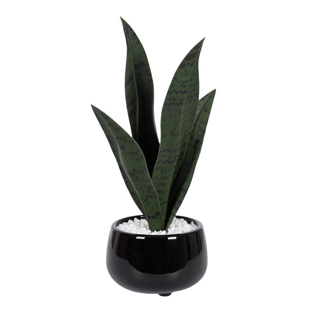 Kotera Plante Serpent dans un Pot en Céramique avec des Feuilles Vert Foncé Réalistes Présentant des Motifs Serpentins, Debout dans un Pot Rond en Céramique Noir Lustré Rempli de Pierres Décoratives Blanches, Mesurant 10,5 Pouces de Haut et 4 Pouces de Diamètre, Idéal pour Ajouter de la Verdure Sans Entretien aux Jardinières d'Intérieur Ou aux Espaces de Bureau.