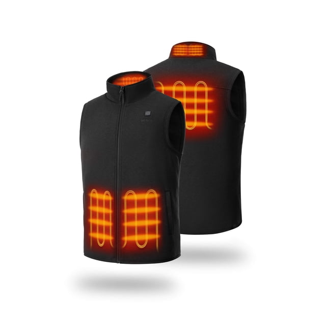 ORORO Heated Fleece Vest for Men with Battery in black, size XL. The vest features four carbon fiber heating zones located on the collar, chest, and back, highlighted in orange to indicate heating areas. Made with ultra-soft fleece, it includes a foldable neckline with a stand collar for added warmth. Designed for winter use, it offers three adjustable heating settings and up to 10 hours of runtime with a 7.4V UL-certified battery. The vest is shown in a front and back view, emphasizing its heating zones.