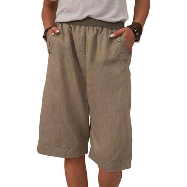 Innerwin Beach Shorts Bermuda Ladies Short Hot Pants Summer Solid Color High Waisted Mini Pant in brown, size XL. These women's high-waisted shorts feature a solid color design with an elastic waistband, button accents, and side pockets. Made from a lightweight blend of 65% cotton and 35% linen, they are breathable and comfortable for casual, beach, or everyday wear. The shorts have a loose fit and mini length, suitable for pairing with crop tops or tank tops.
