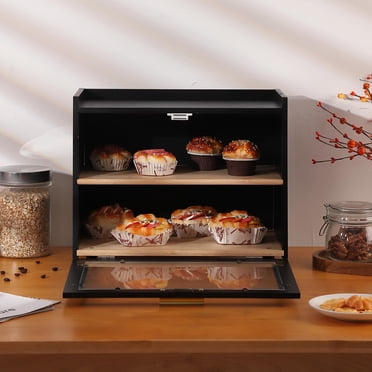 Boîte à Pain en Bambou à Double Compartiment avec Fenêtre Transparente – Grand Rangement de Comptoir pour Pains, Viennoiseries et Pâtisseries, Style Rustique.