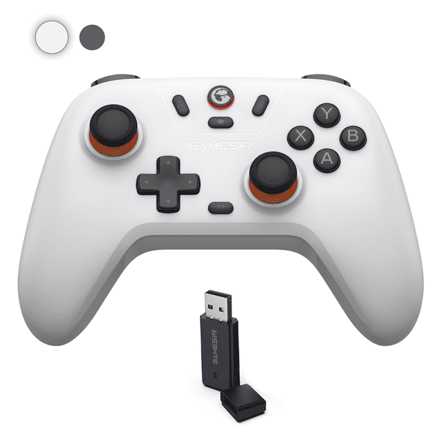 GameSir Nova Lite Manette USB - Joystick Bluetooth Sans Fil pour Jeux d'Arcade Apple. une Manette de Jeu Sans Fil Blanche avec Boutons Noirs, joysticks à Effet Hall Accentué d'Orange et un Bouton M Multifonction. Inclut une dongle Sans Fil 2,4G pour une Connectivité Polyvalente. Compatible avec Windows 10/11, Switch, Android, iOS et Steam Deck. Comprend des Gâchettes Analogiques, une Fonction Turbo 20Hz et une Pile Intégrée 600mAh pour jusqu'à 10 Heures de Lecture.