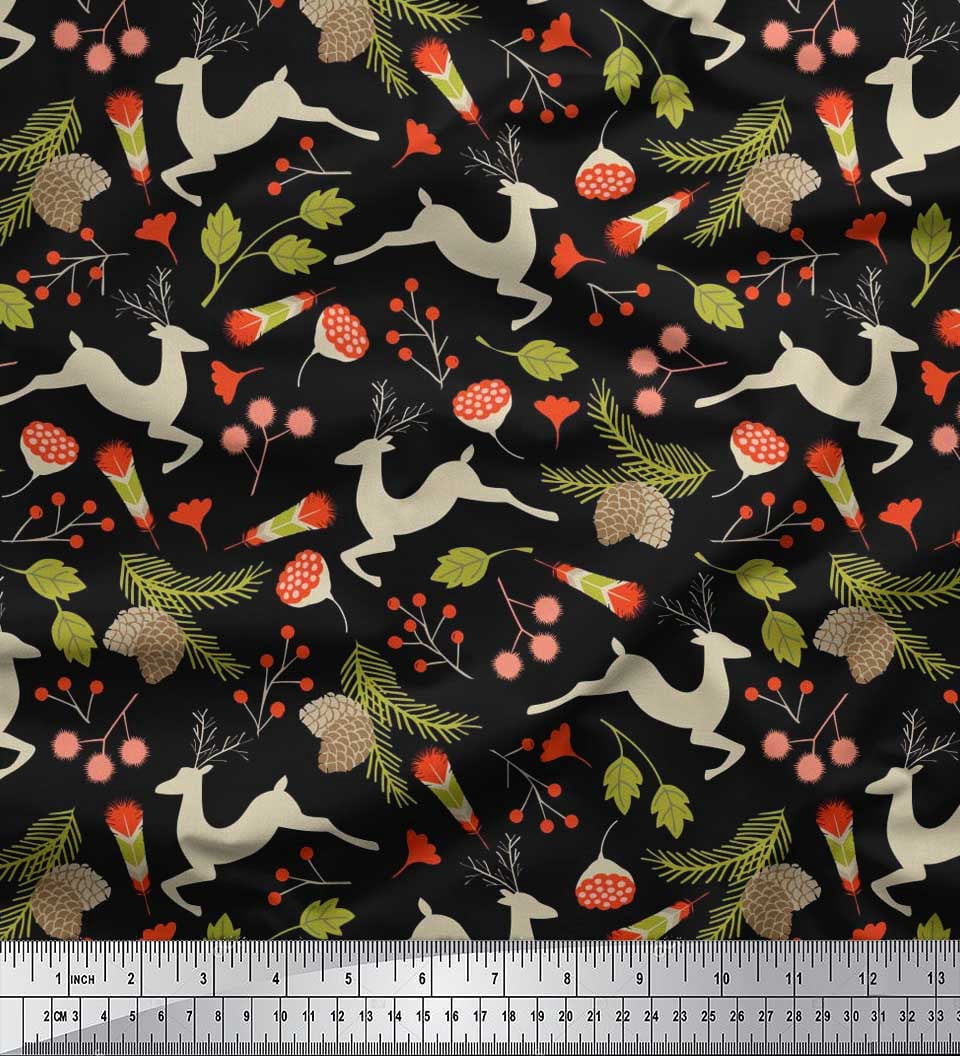 Soimoi Silk Fabric Leaves & Reindeer Animal Printed Fabric 1 Yard 42 Inch Wide