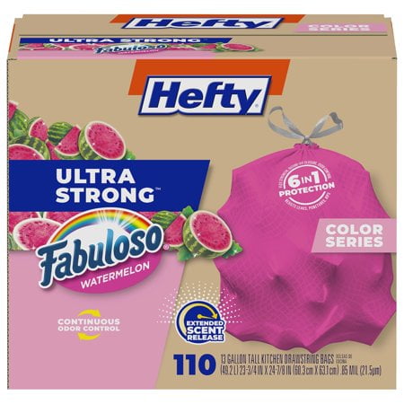 Hefty Ultra Strong 13 Gallon Trash Bags, Tall Kitchen Trash Bags 13 Gallon Size, Resist Leaks, Punctures, and Rips, Continuous Odor Control, Pink, Fa