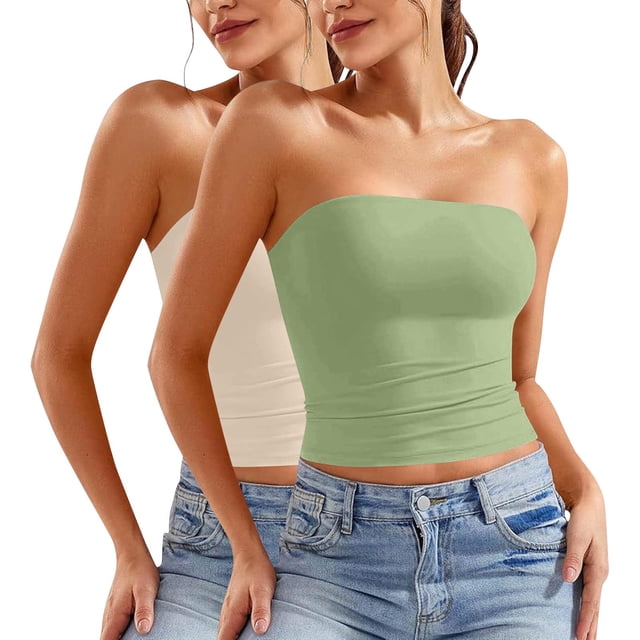 ZACPNCV 2PC Women's Shapewear Tube Tops Strapless Ruched Built-in Shelf Bra Casual Beige M