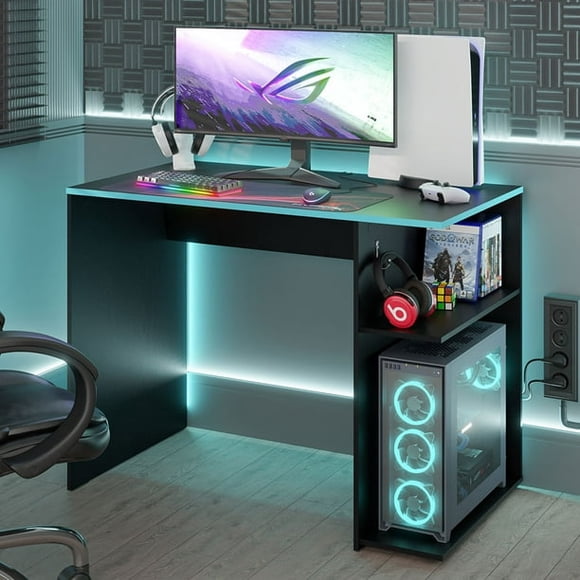 Madesa Bureau d'Ordinateur de Jeu 39 Pouces avec 2 Étagères et Support pour Écouteurs en Bois Robuste Table de Bureau à Domicile pour Enfants et Adultes - Noir/bleu
