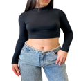 thumbnail image 2 of Blouse Unie à Manches Longues pour Femmes, Crop Top Décontracté à Col Montant, 2 of 5