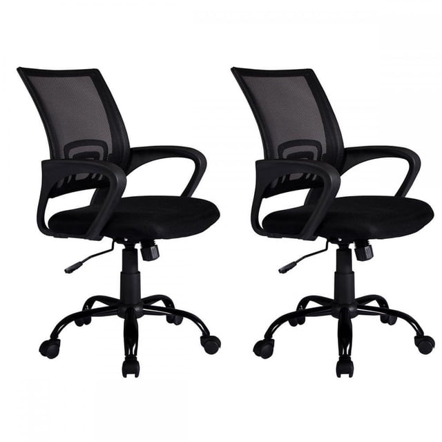 BestOffice Ergonomic Mesh Computer Office Desk Midback Task Chair WMetal Base Set of 2, Black. This set includes two black swivel chairs with breathable mesh backs, cushioned seats, and ergonomic armrests. Each chair features an adjustable height mechanism, a sturdy metal base with five caster wheels for mobility, and a design suitable for office, study, or meeting rooms. Easy to assemble with included tools and instructions.