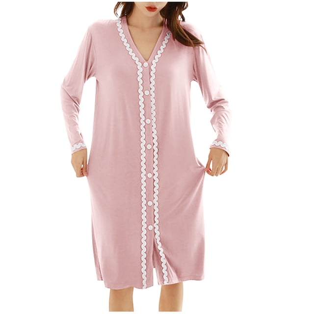 Timegard Chemise de Nuit pour Femmes à Boutons, Col en V, Manches Longues, Chemises de Sommeil, Pyjama Décontracté, Robe de Maison Confortable