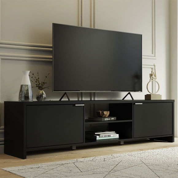 Madesa TV Stand Large Media Console with Cable Management for 65, 75 Inch Media Storage Gaming Living Room Entertainment Center Modern Wooden Television Cabinet - Black