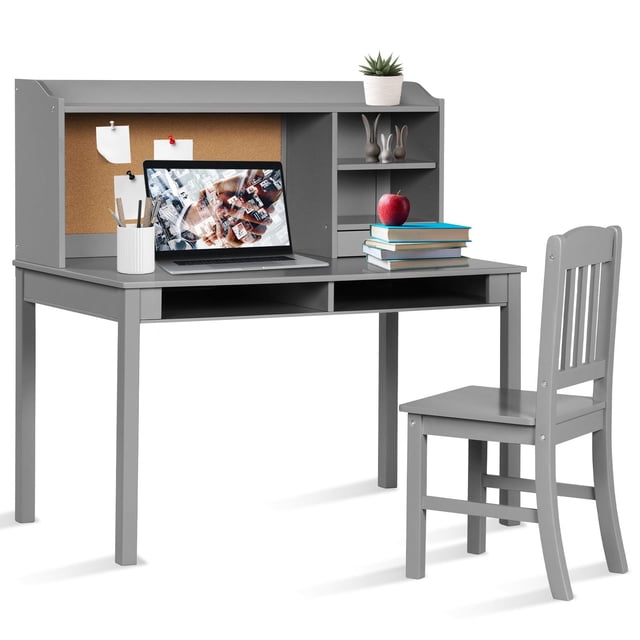 Giantex Kids Desk and Chair Set, Children Study Writing Desk w/Chair, Student Wooden Computer Workstation, Grey