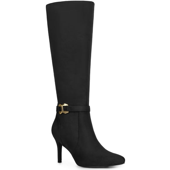 BLISSFUL STEP Women's Boots Knee High Faux Suede Pointy Toe Stiletto Heel Side Zipper Buckle Boots Black 8