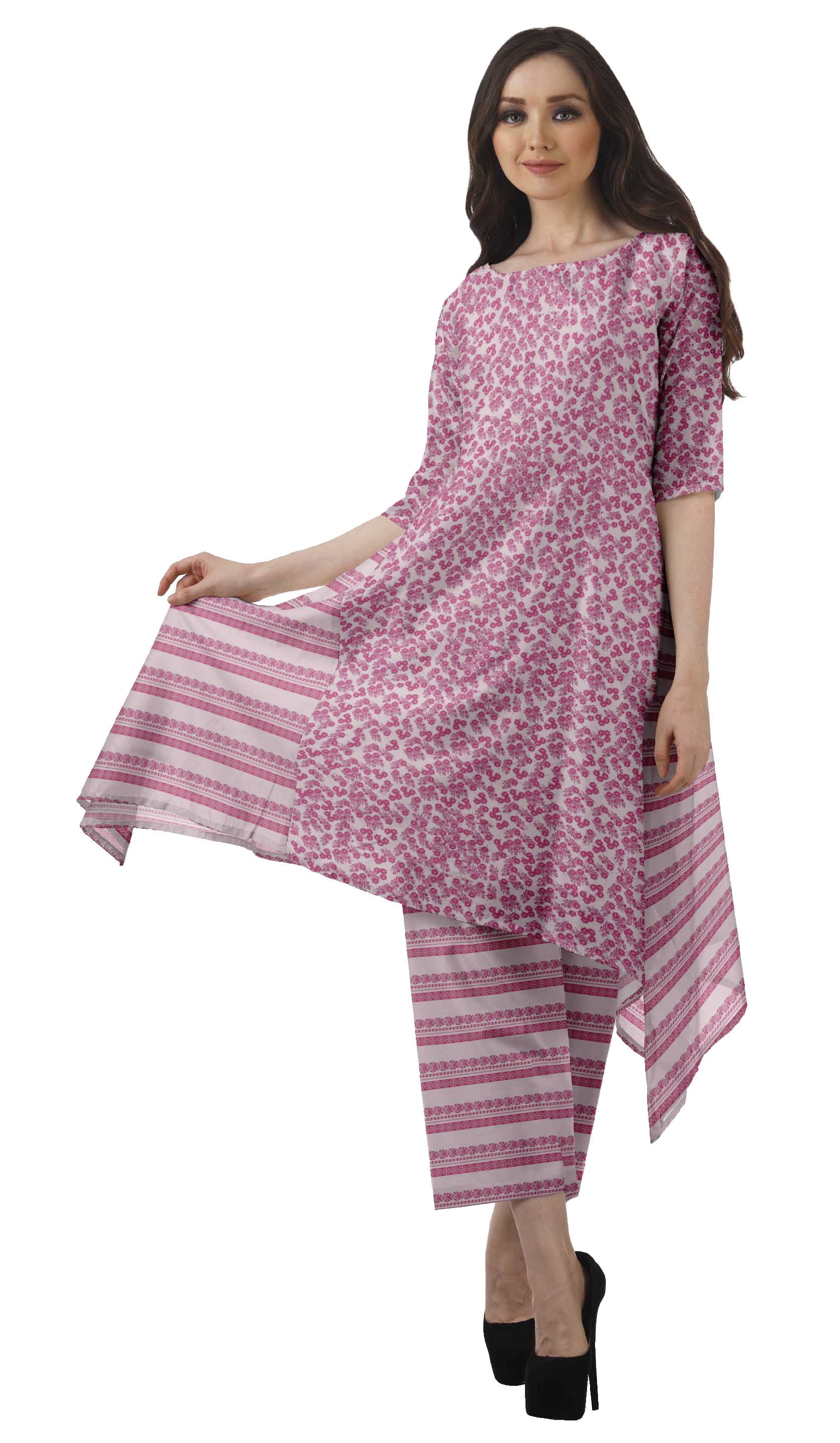 Moomaya Women's Plus Size Printed Asymmetric Kurti Pant Set, Cotton Chanderi, 1 Count