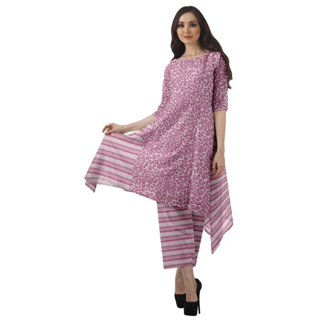 Moomaya Women's Plus Size Printed Asymmetric Kurti Pant Set, Cotton Chanderi, 1 Count
