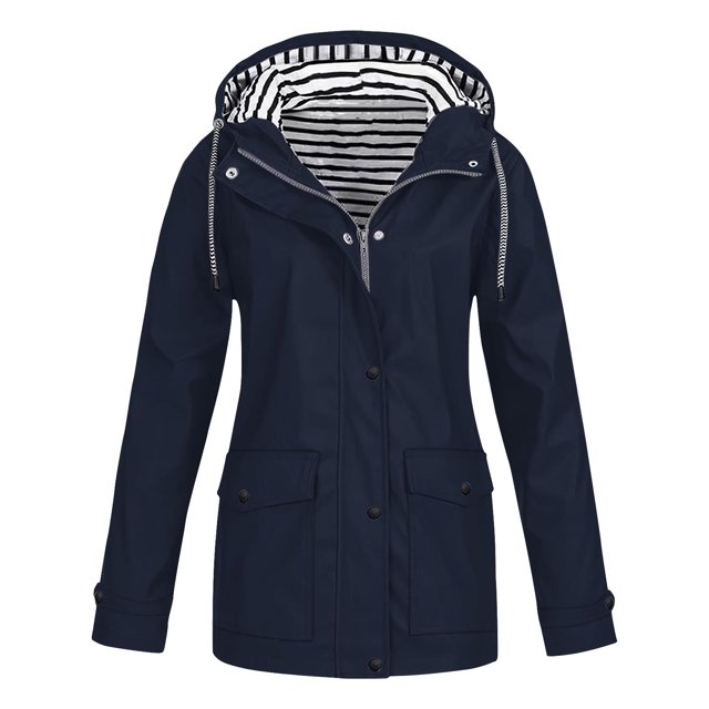 NARABB Women Casaul Solid Jackets Outdoor Plus Size Drawstring Zipper Hooded Raincoat Windproof Tops Coat With Pocket