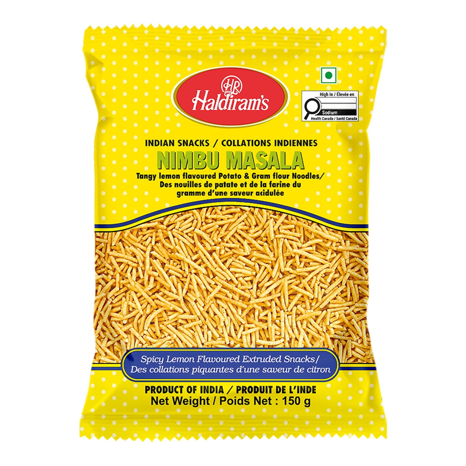 Haldiram Nimboo Masala 150 gram is a tangy, spicy, and crunchy Indian snack featuring zesty lemon-flavored potato and gram flour sticks.