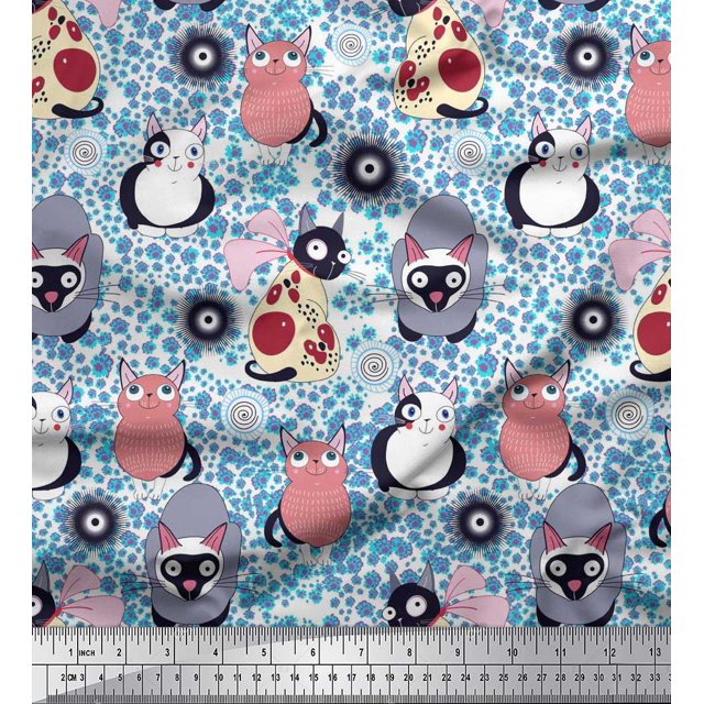 Soimoi Georgette Viscose Fabric Spiral,Floral & Cat Cartoon Decor Fabric Printed Yard 42 Inch Wide