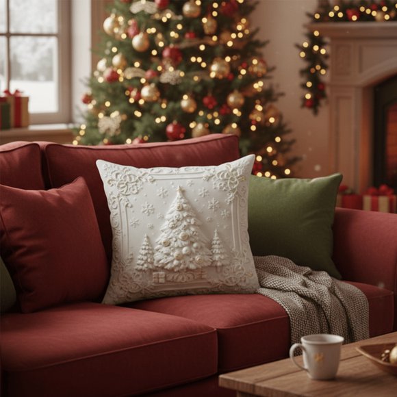 Festive Holiday Pillow Cover with Santa Reindeer Snowman and Tree Designs